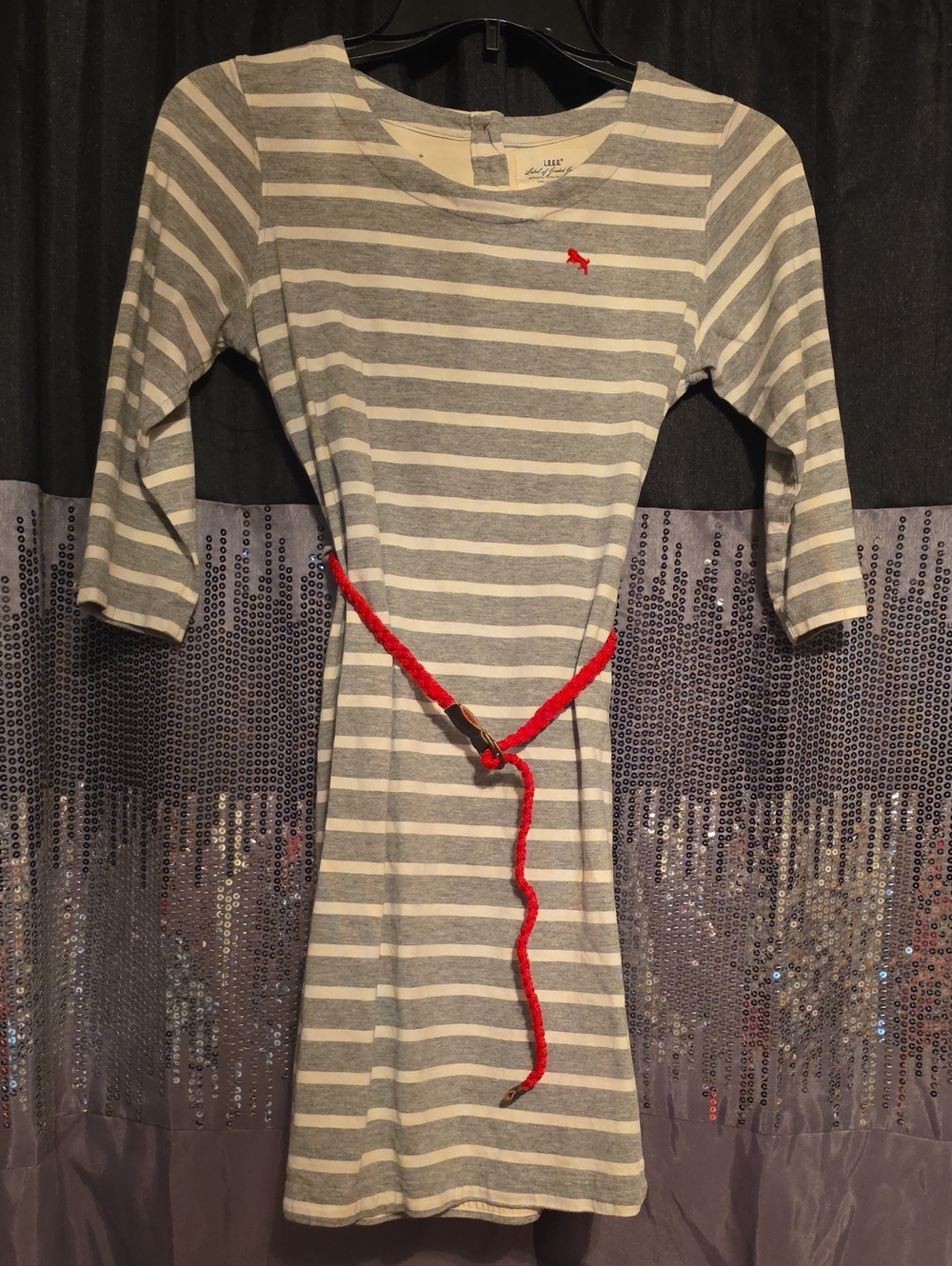 Gray & WhitSoft gray and white strie Striped Girls' Casual Dress with Red Accent